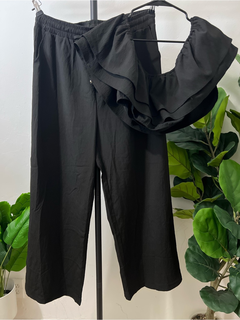 Black 2 Piece Off Shoulder Ruffle Crop Top Wide Leg Pants Set Plus Size 2X